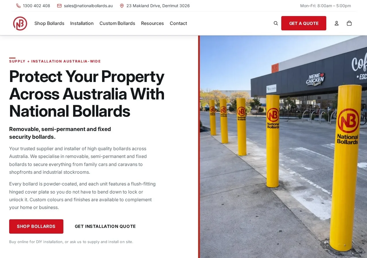 National Bollards website homepage, a Shopify store for removable and security bollards in Australia