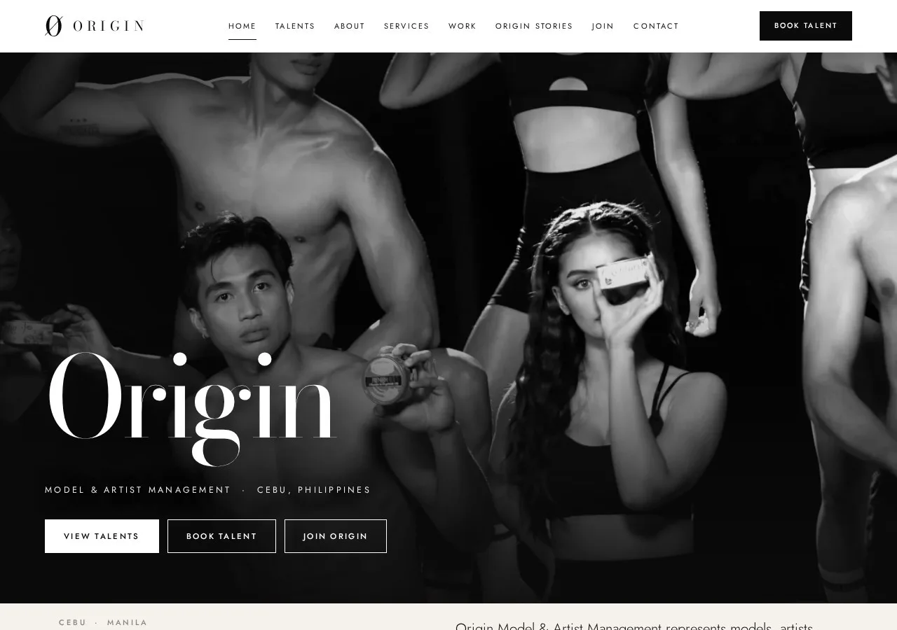 Origin Model and Artist Management development build homepage, a talent agency website for Cebu, Philippines
