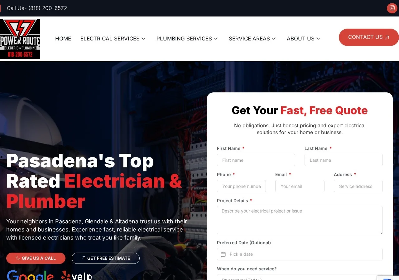 Power Route Electric and Plumbing website homepage, a WordPress and Elementor build for a Pasadena electrician and plumber