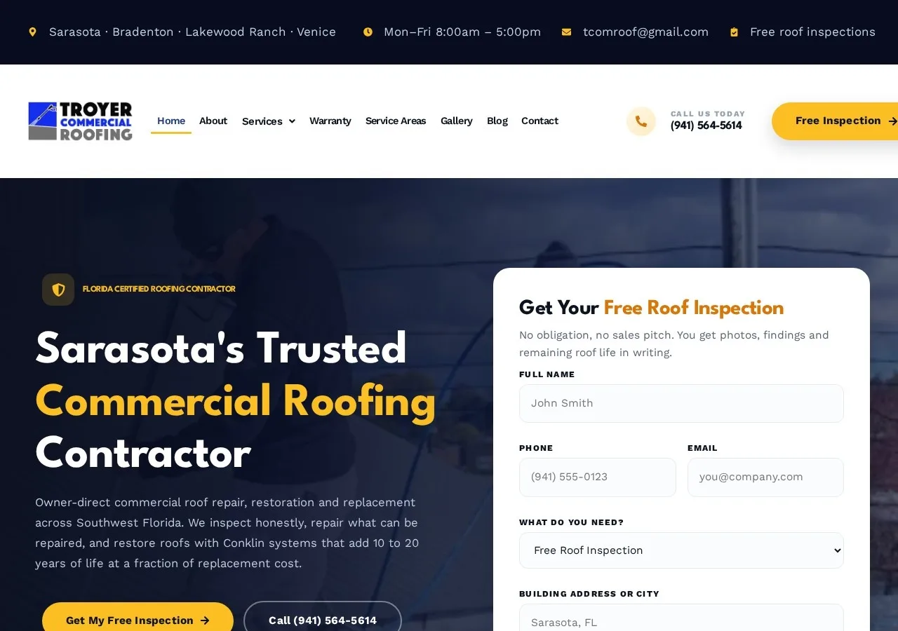 Troyer Commercial Roofing staging build homepage, a WordPress and Elementor commercial roofing website for Sarasota, Florida